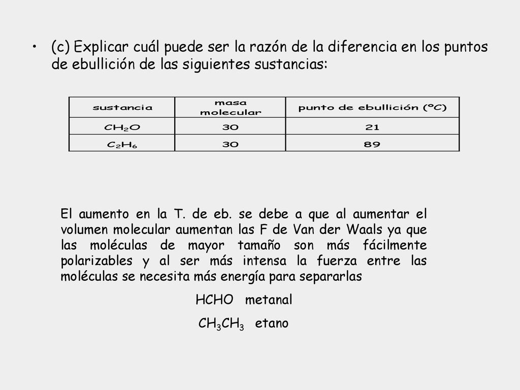 (c) Explicar cuál puede ser la razón de la diferencia en los puntos de ebullición de las siguientes sustancias: