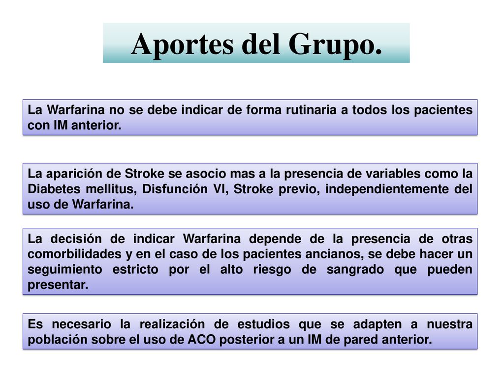 Aportes del Grupo. La Warfarina no se debe indicar de forma rutinaria a todos los pacientes con IM anterior.