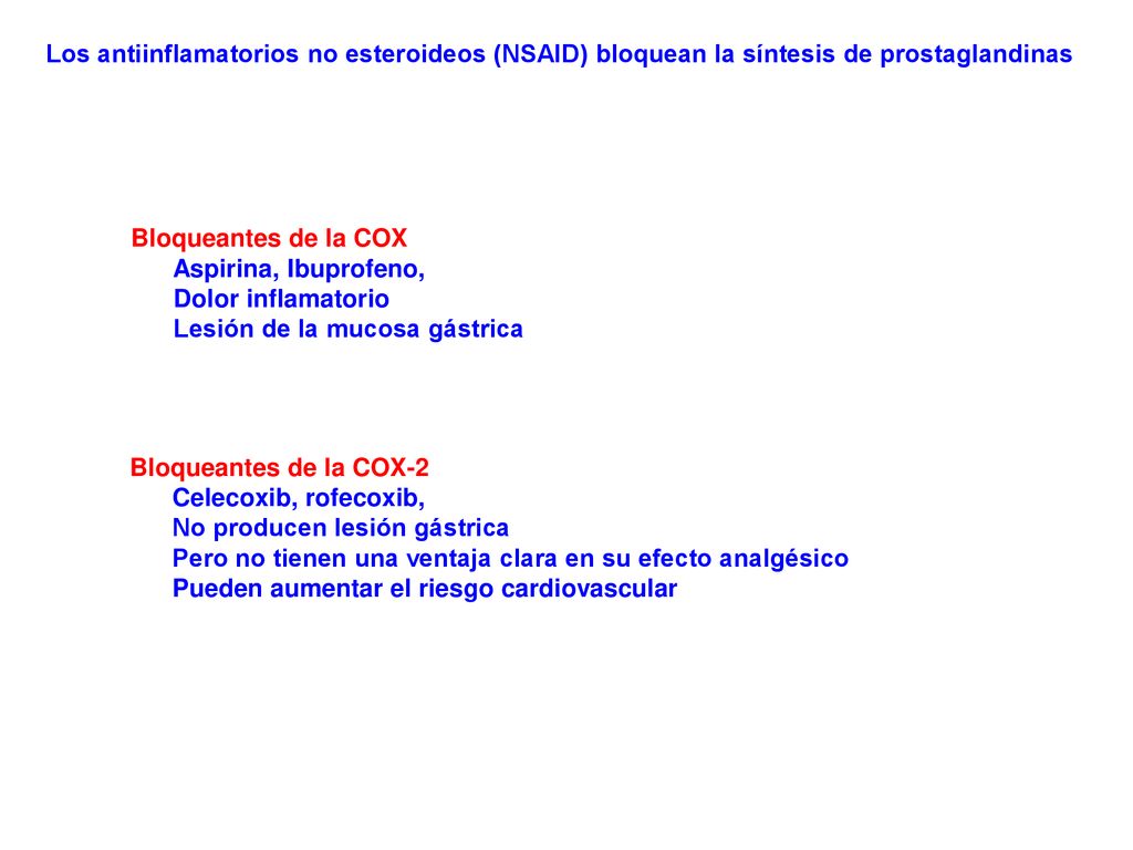 Los antiinflamatorios no esteroideos (NSAID) bloquean la síntesis de prostaglandinas