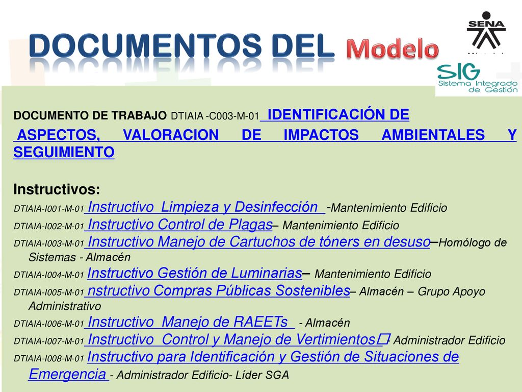 Documentos del Modelo. DOCUMENTO DE TRABAJO DTIAIA -C003-M-01 IDENTIFICACIÓN DE. ASPECTOS, VALORACION DE IMPACTOS AMBIENTALES Y SEGUIMIENTO.