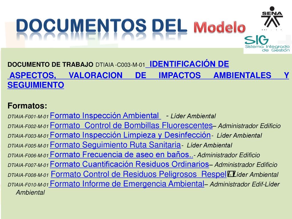 Documentos del Modelo. DOCUMENTO DE TRABAJO DTIAIA -C003-M-01 IDENTIFICACIÓN DE. ASPECTOS, VALORACION DE IMPACTOS AMBIENTALES Y SEGUIMIENTO.