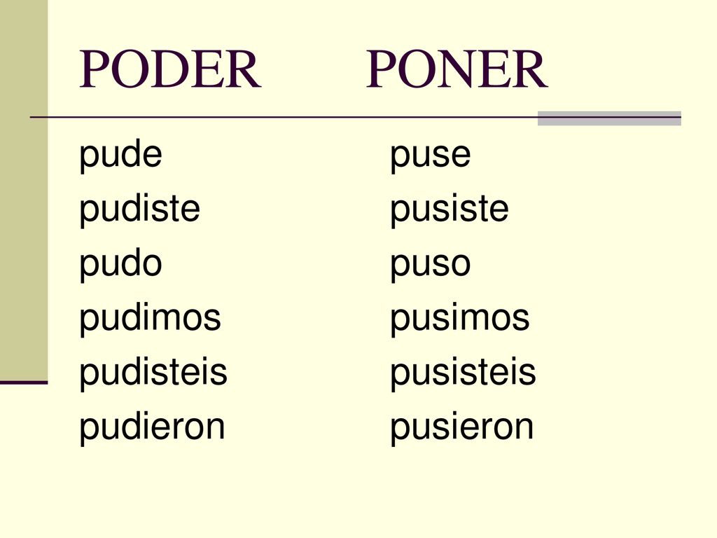 PODER PONER pude pudiste pudo pudimos pudisteis pudieron puse pusiste