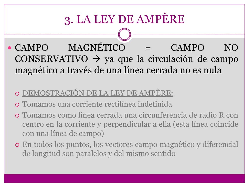 3. LA LEY DE AMPÈRE CAMPO MAGNÉTICO = CAMPO NO CONSERVATIVO  ya que la circulación de campo magnético a través de una línea cerrada no es nula.