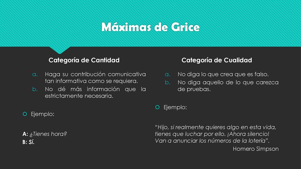 Máximas de Grice Categoría de Cantidad Categoría de Cualidad