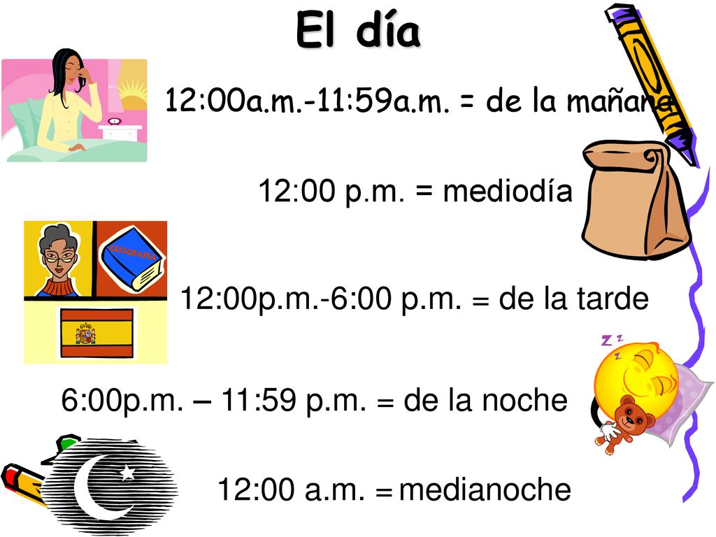 El día 12:00a.m.-11:59a.m. = de la mañana 12:00 p.m. = mediodía