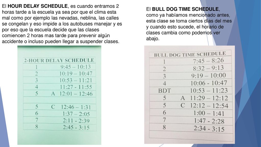 El HOUR DELAY SCHEDULE, es cuando entramos 2 horas tarde a la escuela ya sea por que el clima esta mal como por ejemplo las nevadas, neblina, las calles se congelan y eso impide a los autobuses manejar y es por eso que la escuela decide que las clases comiencen 2 horas mas tarde para prevenir algún accidente o incluso pueden llegar a suspender clases.