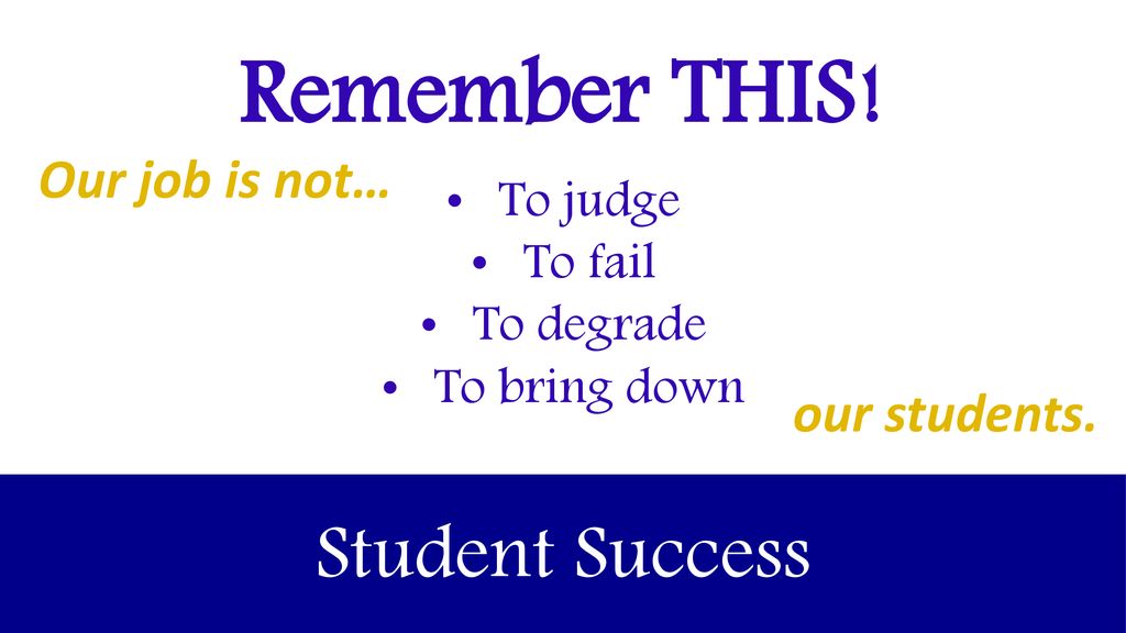 Remember THIS! Student Success Our job is not… our students. To judge