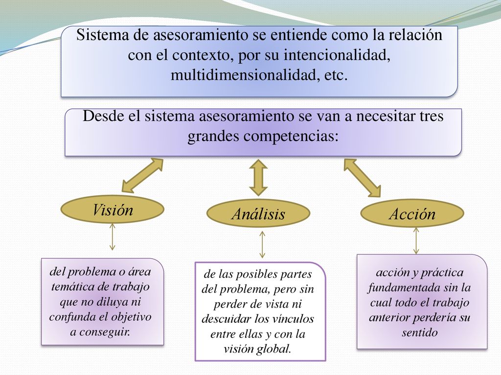 Sistema de asesoramiento se entiende como la relación con el contexto, por su intencionalidad, multidimensionalidad, etc.