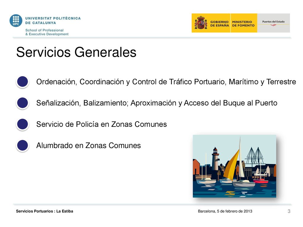 Servicios Generales Ordenación, Coordinación y Control de Tráfico Portuario, Marítimo y Terrestre.