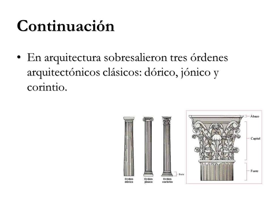 Continuación En arquitectura sobresalieron tres órdenes arquitectónicos clásicos: dórico, jónico y corintio.