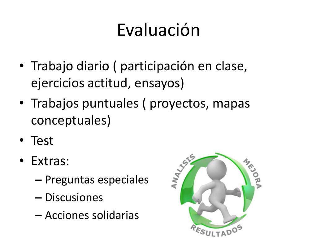 Evaluación Trabajo diario ( participación en clase, ejercicios actitud, ensayos) Trabajos puntuales ( proyectos, mapas conceptuales)