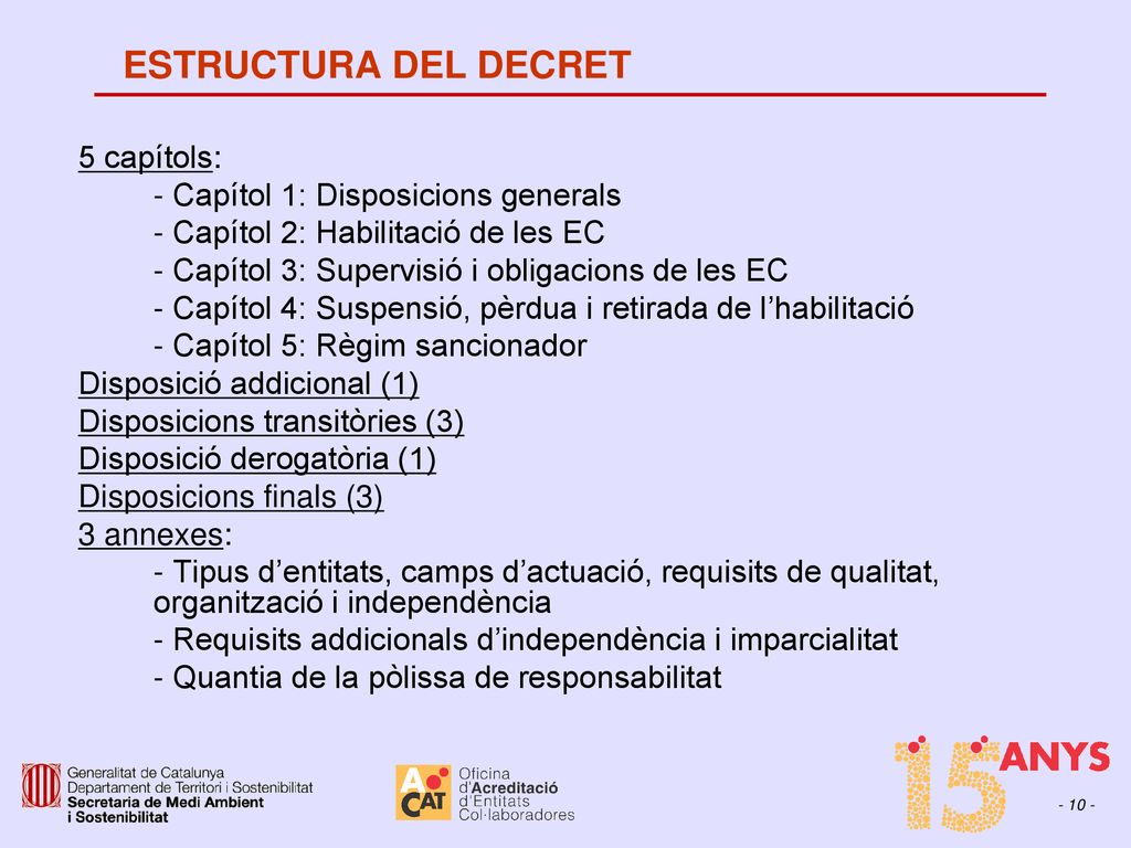 ESTRUCTURA DEL DECRET 5 capítols: - Capítol 1: Disposicions generals