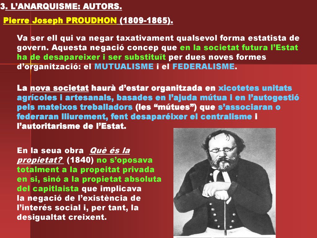 3. L’ANARQUISME: AUTORS. Pierre Joseph PROUDHON ( ). Va ser ell qui va negar taxativament qualsevol forma estatista de.