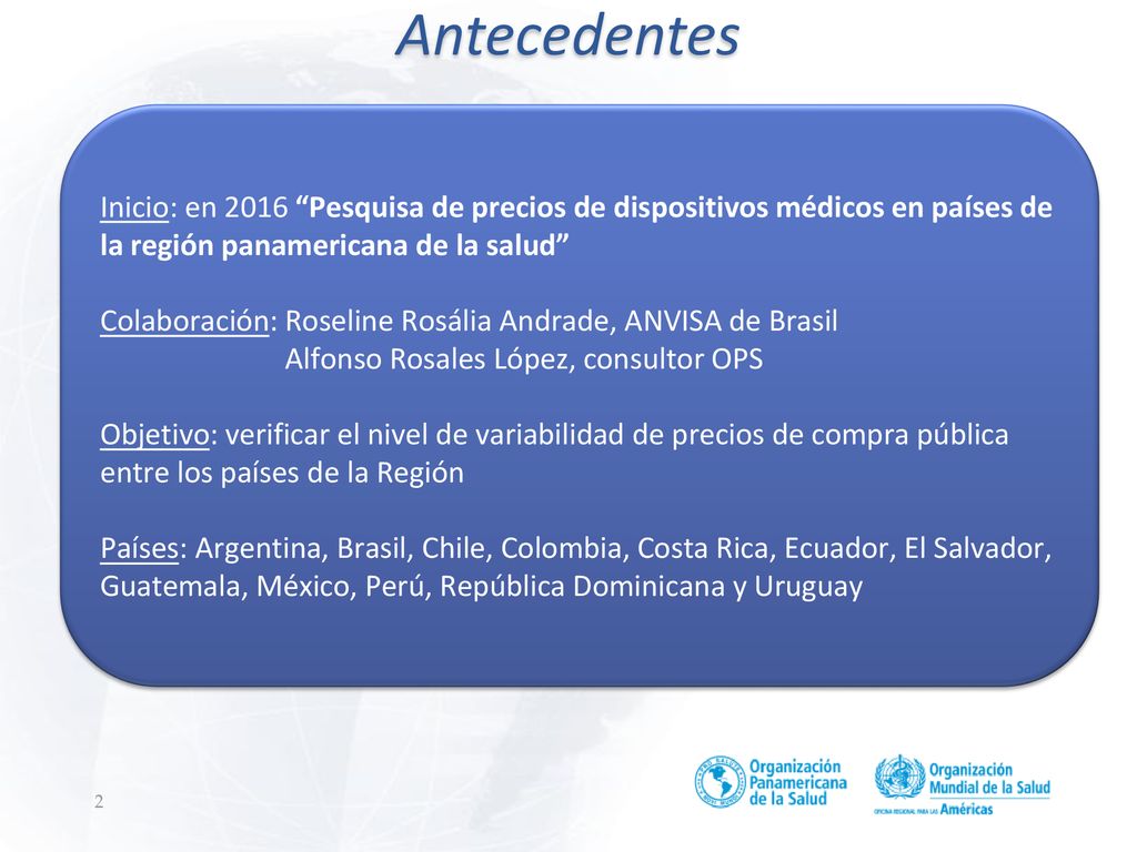 Antecedentes Inicio: en 2016 Pesquisa de precios de dispositivos médicos en países de la región panamericana de la salud