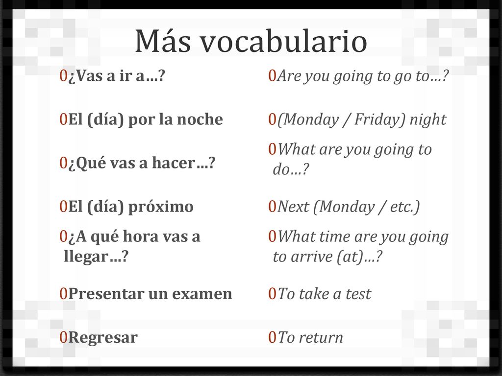 Más vocabulario ¿Vas a ir a… El (día) por la noche ¿Qué vas a hacer…