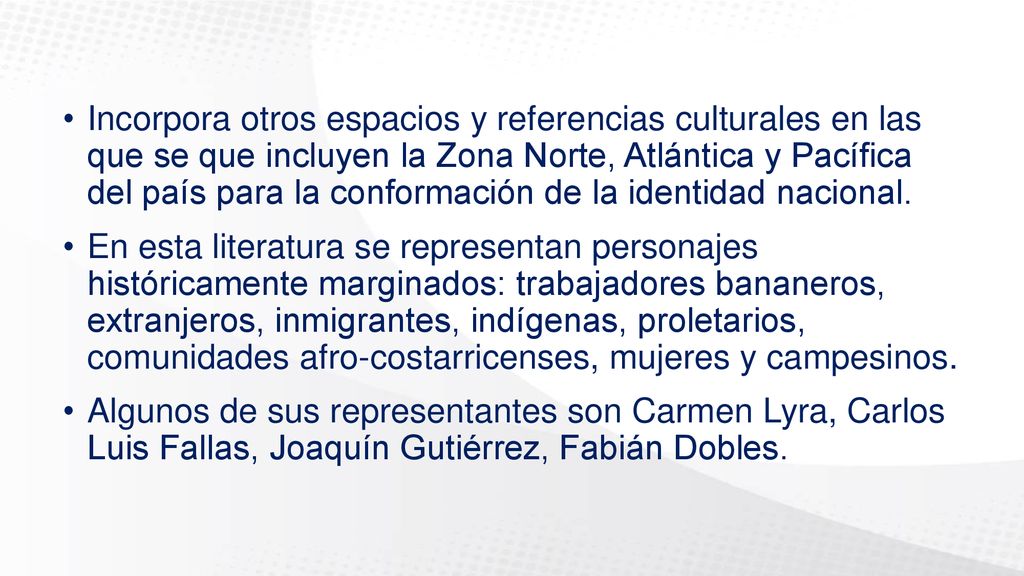 Incorpora otros espacios y referencias culturales en las que se que incluyen la Zona Norte, Atlántica y Pacífica del país para la conformación de la identidad nacional.