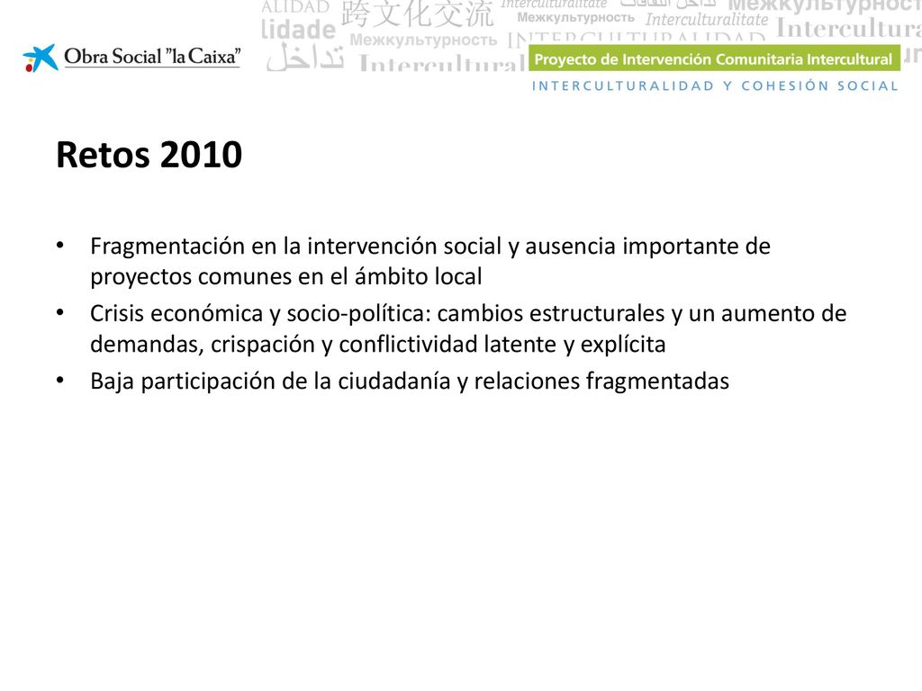Retos 2010 Fragmentación en la intervención social y ausencia importante de proyectos comunes en el ámbito local.