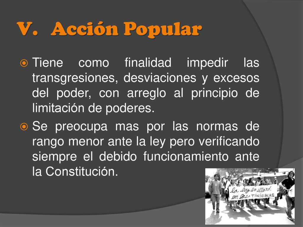 Acción Popular Tiene como finalidad impedir las transgresiones, desviaciones y excesos del poder, con arreglo al principio de limitación de poderes.