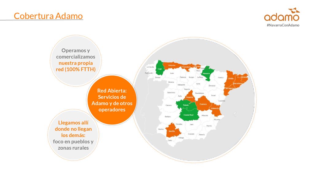 Cobertura Adamo #NavarraConAdamo. Operamos y comercializamos nuestra propia red (100% FTTH) Red Abierta: Servicios de Adamo y de otros operadores.