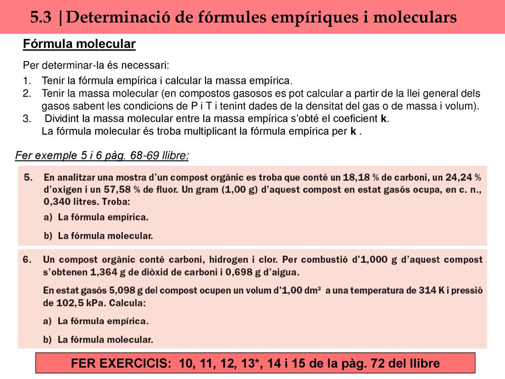 FER EXERCICIS: 10, 11, 12, 13*, 14 i 15 de la pàg. 72 del llibre