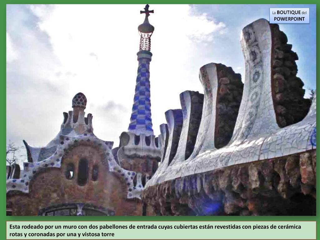 Esta rodeado por un muro con dos pabellones de entrada cuyas cubiertas están revestidas con piezas de cerámica rotas y coronadas por una y vistosa torre