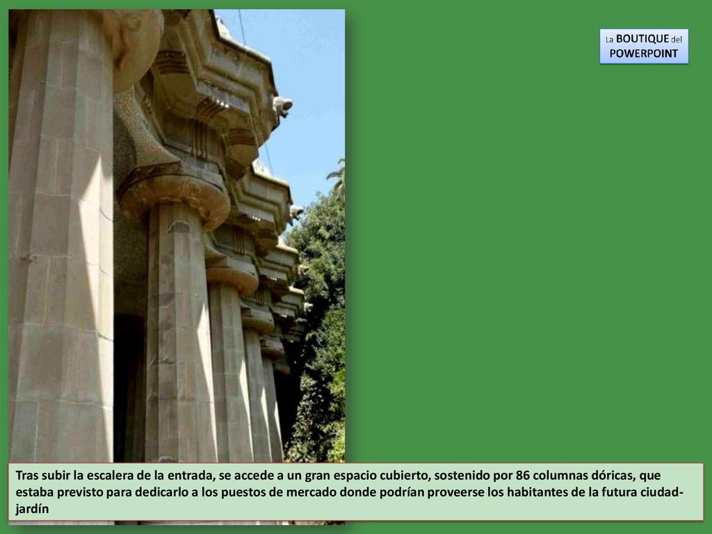 Tras subir la escalera de la entrada, se accede a un gran espacio cubierto, sostenido por 86 columnas dóricas, que estaba previsto para dedicarlo a los puestos de mercado donde podrían proveerse los habitantes de la futura ciudad-jardín