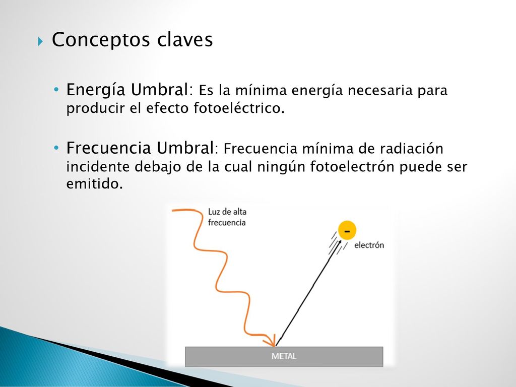 Conceptos claves Energía Umbral: Es la mínima energía necesaria para producir el efecto fotoeléctrico.