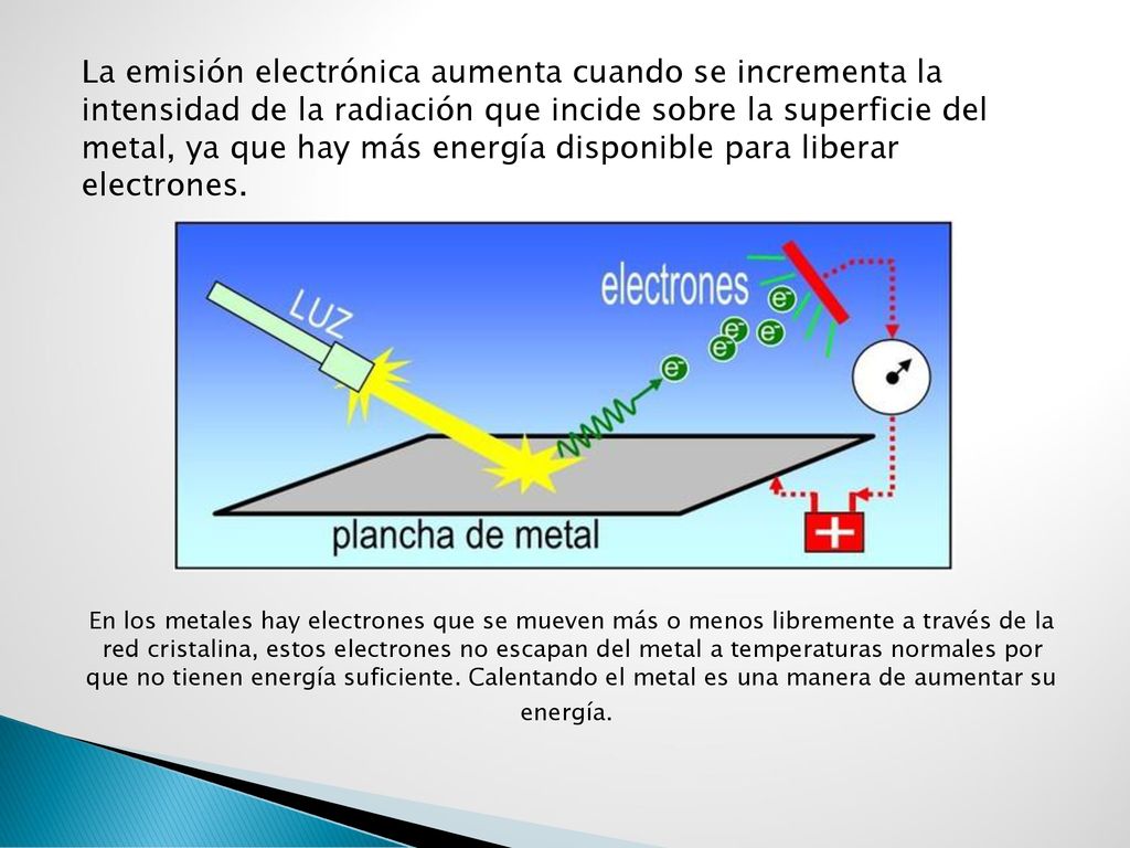 La emisión electrónica aumenta cuando se incrementa la intensidad de la radiación que incide sobre la superficie del metal, ya que hay más energía disponible para liberar electrones.