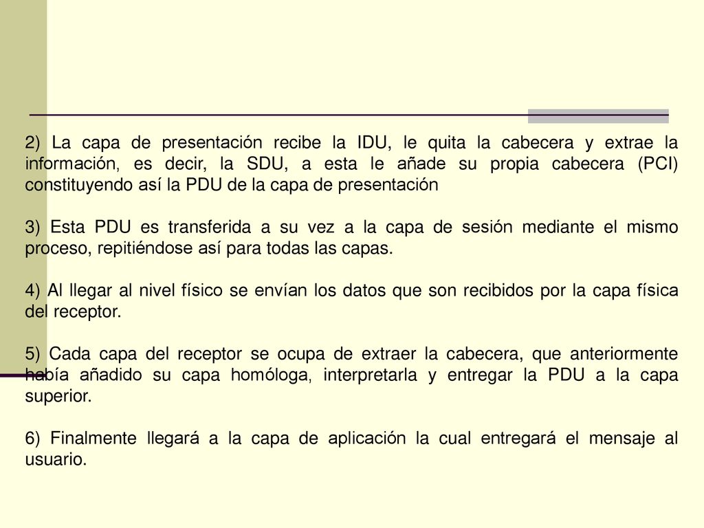 2) La capa de presentación recibe la IDU, le quita la cabecera y extrae la información, es decir, la SDU, a esta le añade su propia cabecera (PCI) constituyendo así la PDU de la capa de presentación