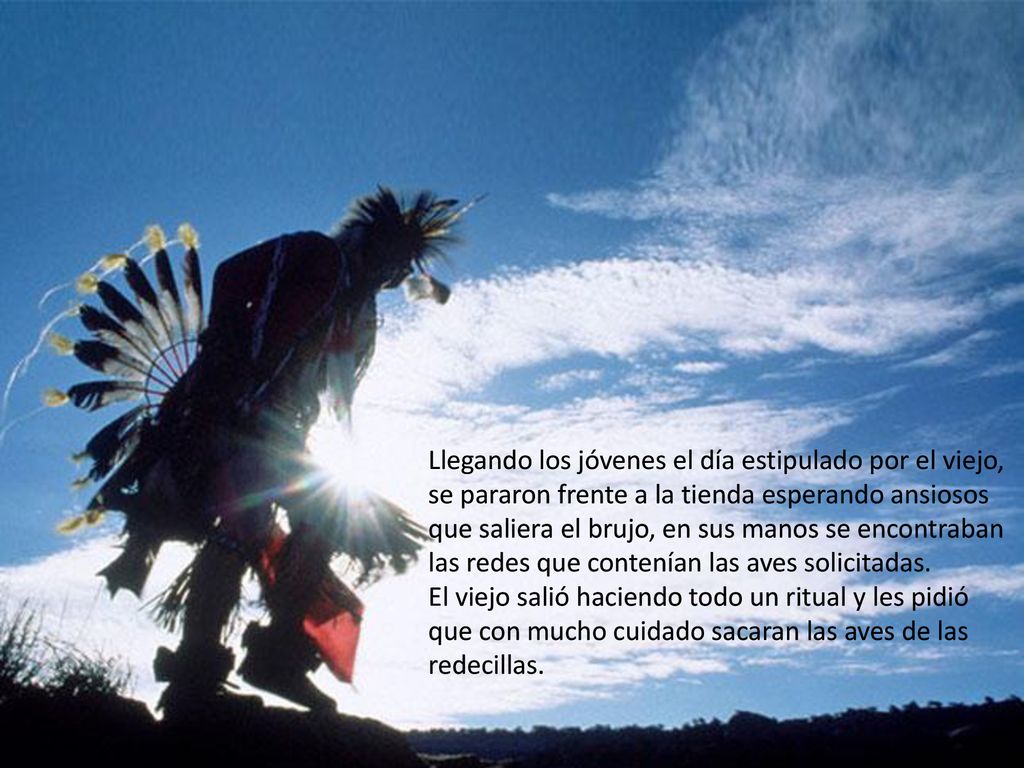 Llegando los jóvenes el día estipulado por el viejo, se pararon frente a la tienda esperando ansiosos que saliera el brujo, en sus manos se encontraban las redes que contenían las aves solicitadas.