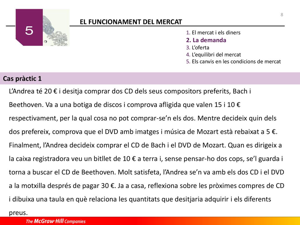 El mercat i els diners La demanda. L’oferta. L’equilibri del mercat. Els canvis en les condicions de mercat.