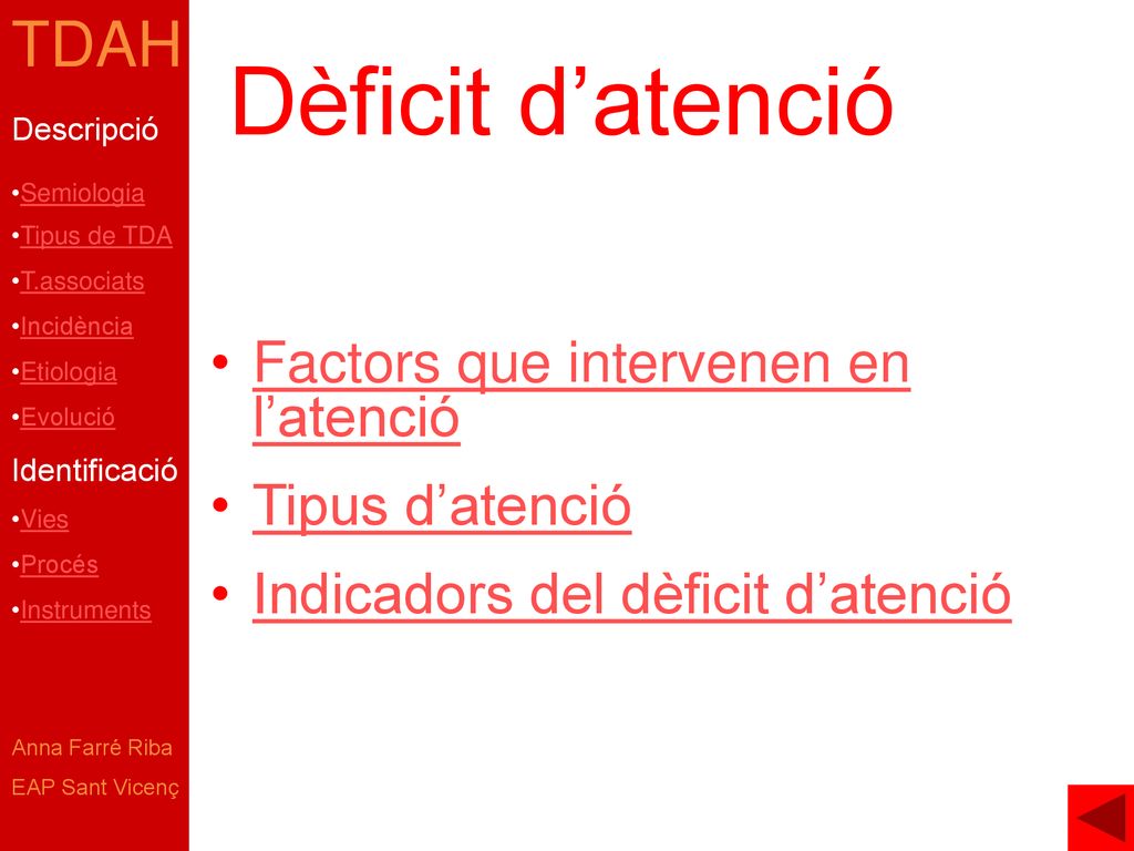 Dèficit d’atenció Factors que intervenen en l’atenció Tipus d’atenció