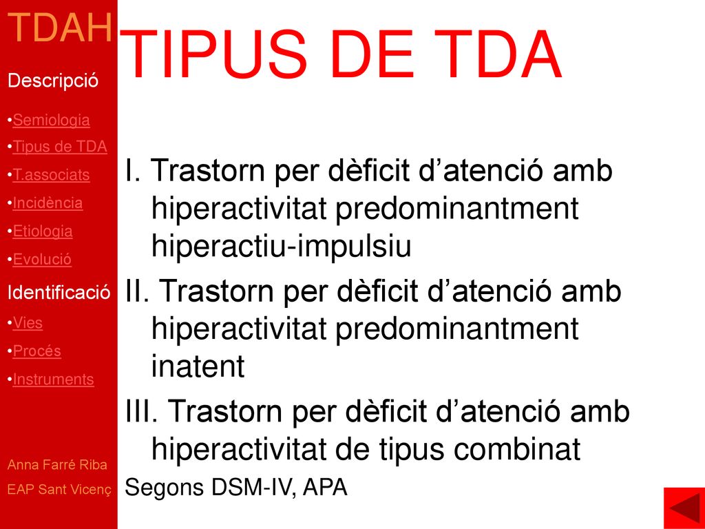 TIPUS DE TDA I. Trastorn per dèficit d’atenció amb hiperactivitat predominantment hiperactiu-impulsiu.