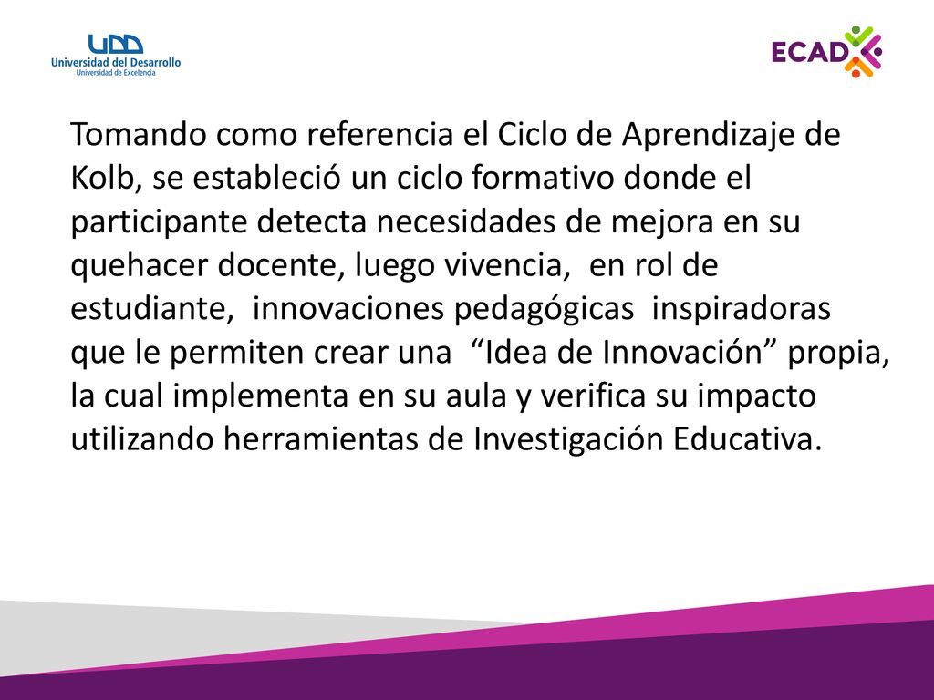 Tomando como referencia el Ciclo de Aprendizaje de Kolb, se estableció un ciclo formativo donde el participante detecta necesidades de mejora en su quehacer docente, luego vivencia, en rol de estudiante, innovaciones pedagógicas inspiradoras que le permiten crear una Idea de Innovación propia, la cual implementa en su aula y verifica su impacto utilizando herramientas de Investigación Educativa.