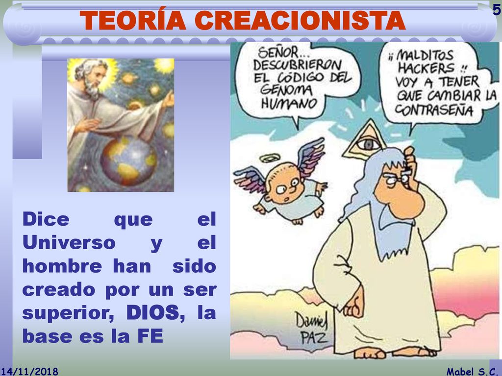 TEORÍA CREACIONISTA Dice que el Universo y el hombre han sido creado por un ser superior, DIOS, la base es la FE.