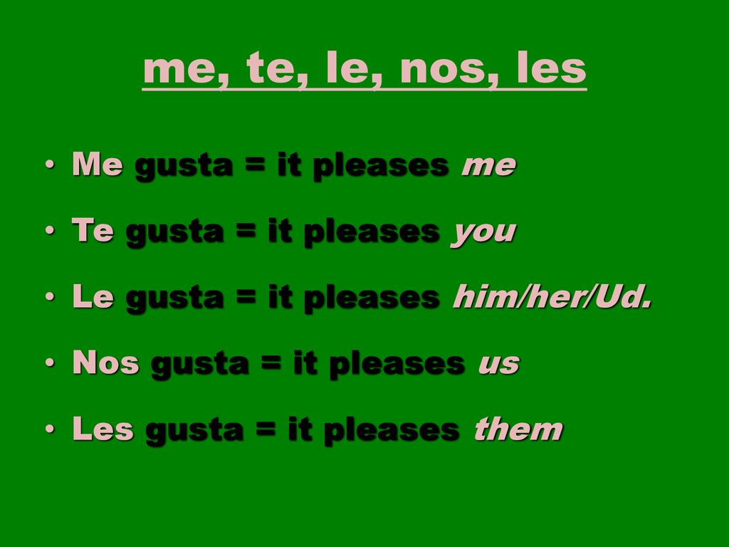 me, te, le, nos, les Me gusta = it pleases me