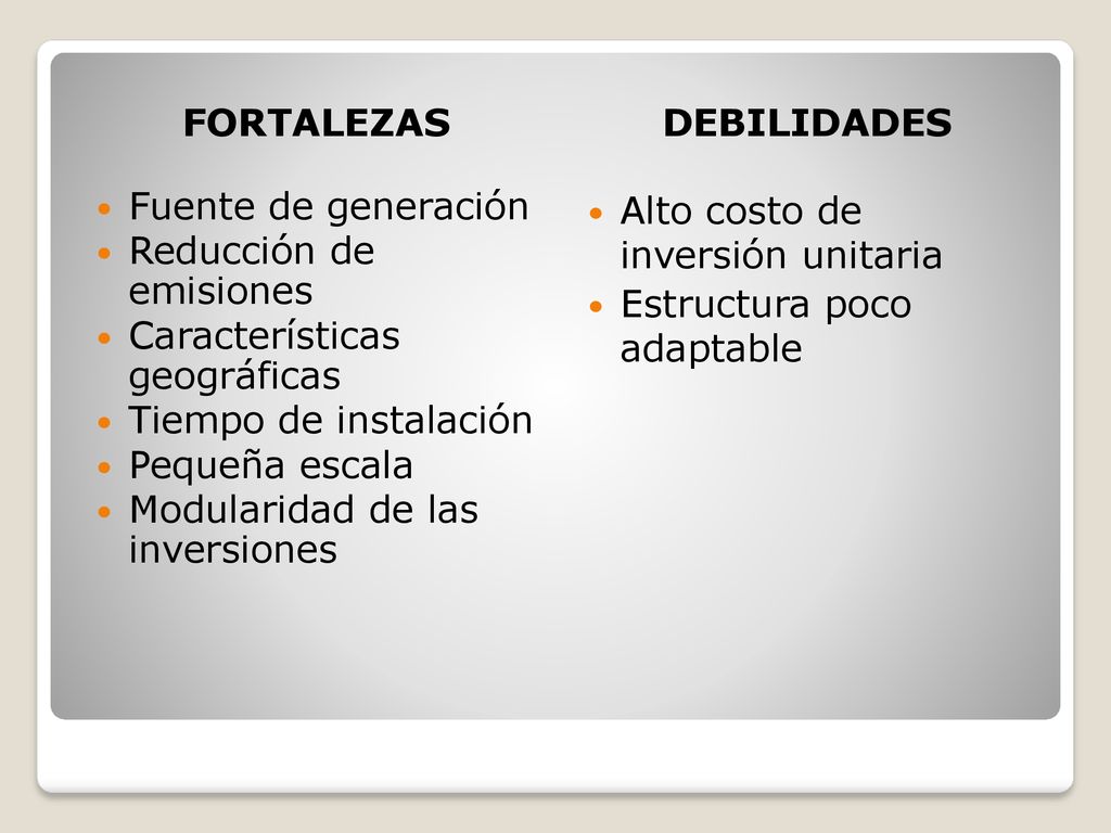 FORTALEZAS DEBILIDADES. Fuente de generación. Reducción de emisiones. Características geográficas.
