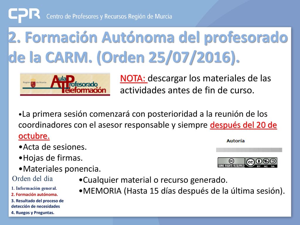2. Formación Autónoma del profesorado de la CARM. (Orden 25/07/2016).