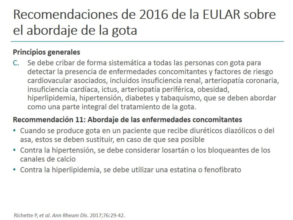 Recomendaciones de 2016 de la EULAR sobre el abordaje de la gota