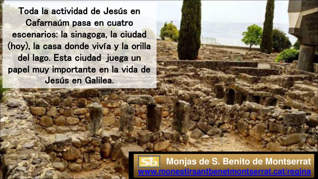 Toda la actividad de Jesús en Cafarnaúm pasa en cuatro escenarios: la sinagoga, la ciudad (hoy), la casa donde vivía y la orilla del lago. Esta ciudad juega un papel muy importante en la vida de Jesús en Galilea.