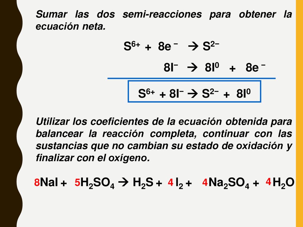NaI + H2SO4  H2S + l2 + Na2SO4 + H2O