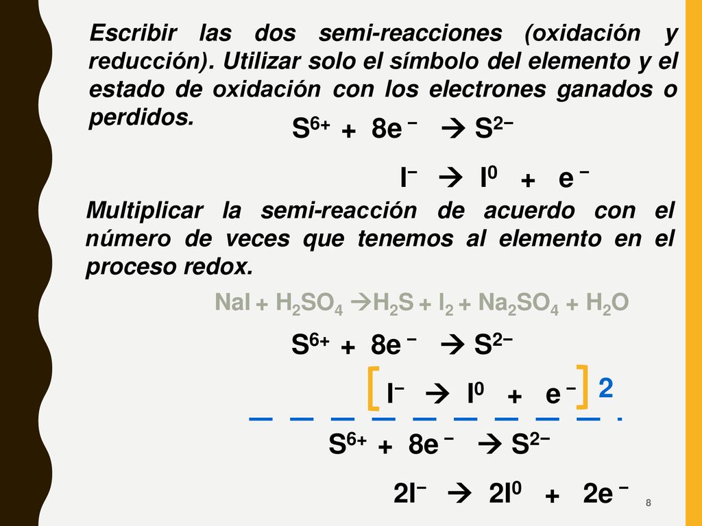 NaI + H2SO4 H2S + l2 + Na2SO4 + H2O