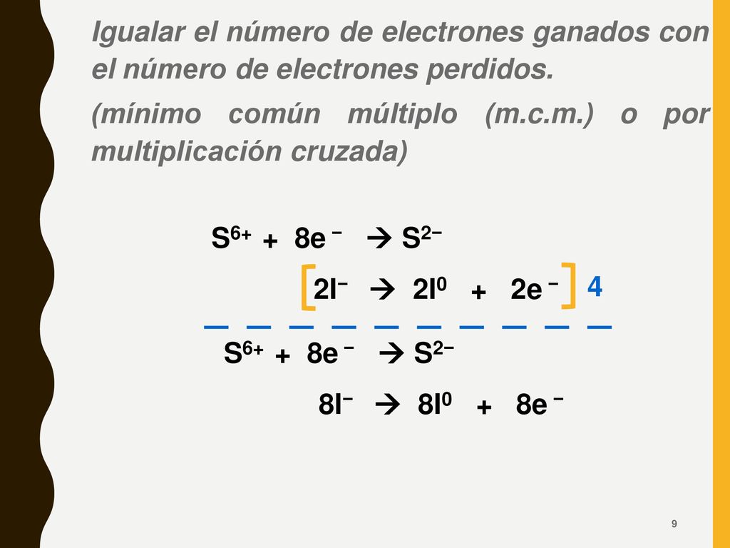 Igualar el número de electrones ganados con el número de electrones perdidos. (mínimo común múltiplo (m.c.m.) o por multiplicación cruzada)