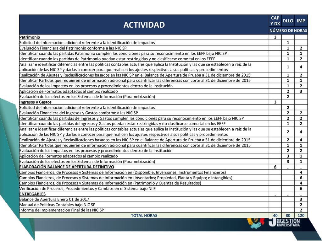 ACTIVIDAD CAP Y DX DLLO IMP NÚMERO DE HORAS Patrimonio 3