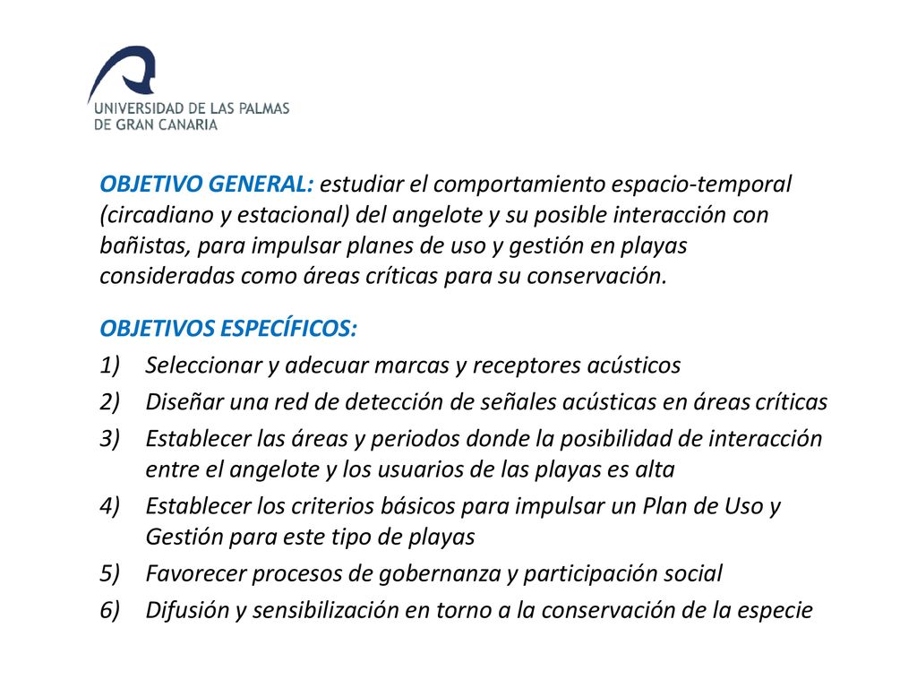 OBJETIVO GENERAL: estudiar el comportamiento espacio-temporal (circadiano y estacional) del angelote y su posible interacción con bañistas, para impulsar planes de uso y gestión en playas consideradas como áreas críticas para su conservación.