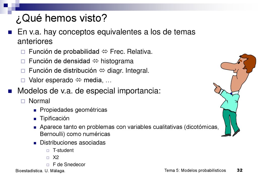 ¿Qué hemos visto En v.a. hay conceptos equivalentes a los de temas anteriores. Función de probabilidad  Frec. Relativa.