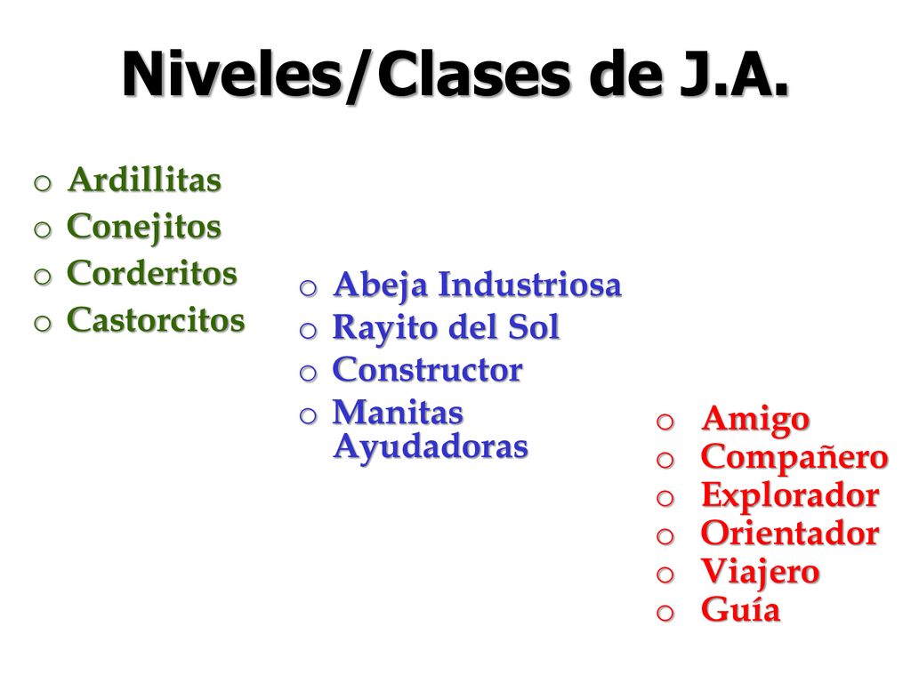 Niveles/Clases de J.A. Ardillitas Conejitos Corderitos Castorcitos