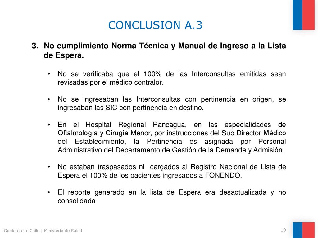 CONCLUSION A.3 No cumplimiento Norma Técnica y Manual de Ingreso a la Lista de Espera.