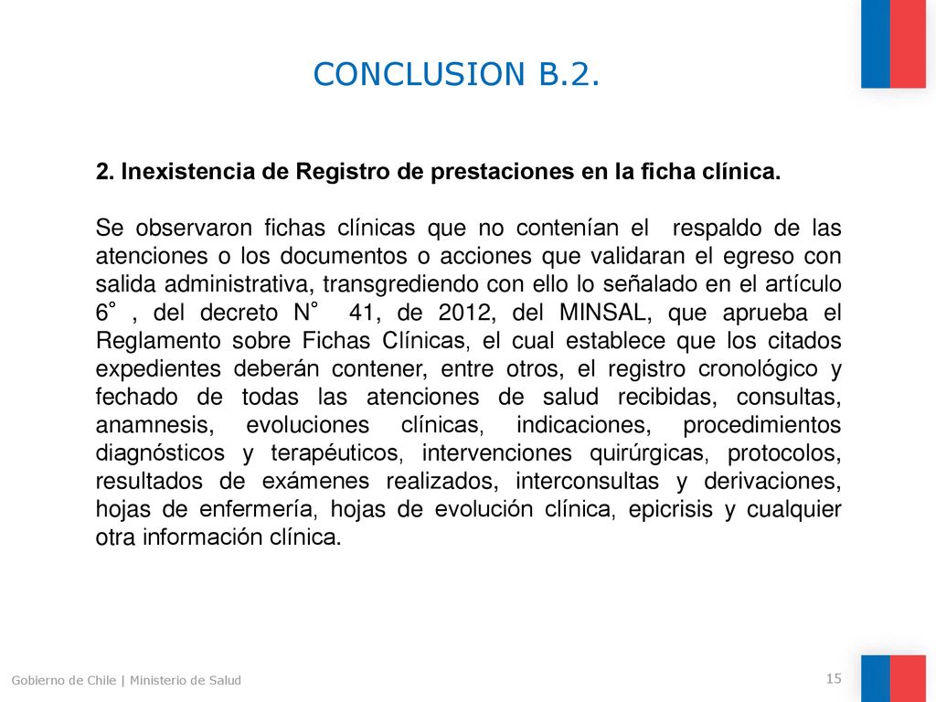 CONCLUSION B Inexistencia de Registro de prestaciones en la ficha clínica.