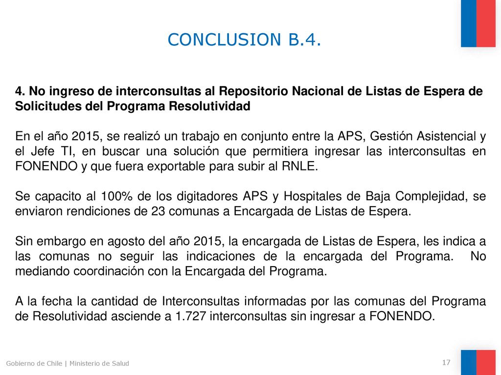 CONCLUSION B No ingreso de interconsultas al Repositorio Nacional de Listas de Espera de Solicitudes del Programa Resolutividad.